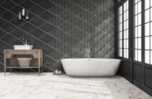 Euro Tile Stone Diamond Calacata and Marquina Bathroom