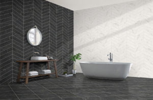 Euro Tile Stone Diamond Marquina and Calacata Bathroom